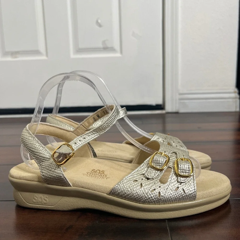 SAS NEW Duo Adjustable Gold Leather Comfort Sandals 8W Wide Walking Outdoors - Picture 2 of 8